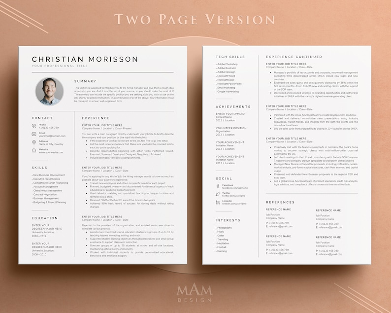May include: A two-page resume template with a professional design. The resume includes sections for contact information, skills, experience, education, achievements, social media, interests, and references. The template is designed to help job seekers create a visually appealing and informative resume.
