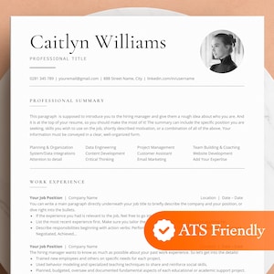ATS Friendly Resume with Photo | ATS Resume Template Word, Pages, Google Docs | Professional Headshot Resume, Minimalist Resume, CV Template