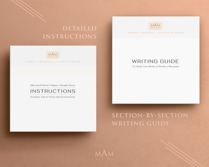 May include: A white guide with the text "DETAILED INSTRUCTIONS" and "MAM DESIGN" in black. The guide includes instructions for writing a resume, with sections for "WRITING GUIDE" and "SECTION-BY-SECTION WRITING GUIDE".