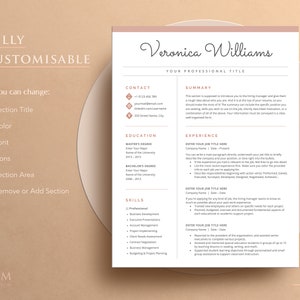 May include: A pink and white resume template featuring the name Veronica Williams and the title "Your Professional Title". The resume is divided into sections for contact information, summary, education, experience, and skills.