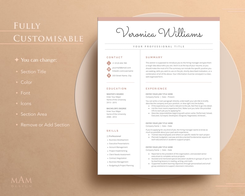 May include: A pink and white resume template featuring the name Veronica Williams and the title "Your Professional Title". The resume is divided into sections for contact information, summary, education, experience, and skills.