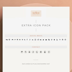 Peut inclure: Une feuille de papier blanche avec le texte "MAM DESIGN" et "EXTRA ICON PACK" en noir. La feuille comprend &eacute;galement une liste d'ic&ocirc;nes de m&eacute;dias sociaux et d'ic&ocirc;nes de contact.