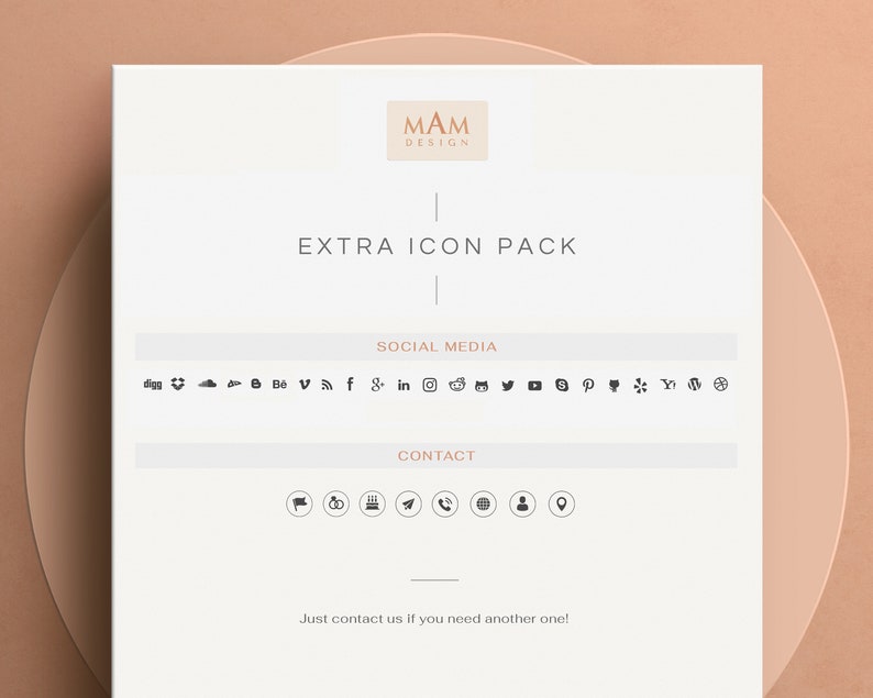 Peut inclure: Une feuille de papier blanche avec le texte "MAM DESIGN" et "EXTRA ICON PACK" en noir. La feuille comprend &eacute;galement une liste d'ic&ocirc;nes de m&eacute;dias sociaux et d'ic&ocirc;nes de contact.