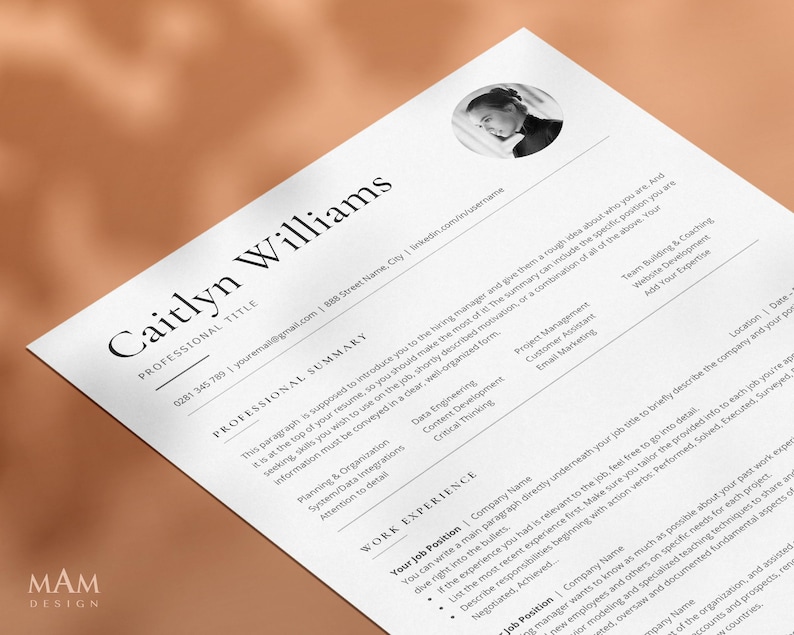 May include: A black and white resume template featuring a professional headshot of a woman. The resume includes a professional summary, work experience, and skills sections.
