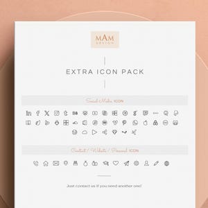 May include: A white paper with the text "EXTRA ICON PACK" and various social media and contact icons. The paper has a light brown background and the text "Just contact us if you need another one!"