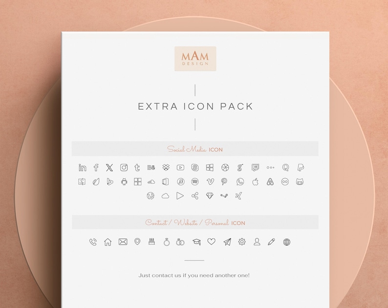 May include: A white paper with the text "EXTRA ICON PACK" and various social media and contact icons. The paper has a light brown background and the text "Just contact us if you need another one!"