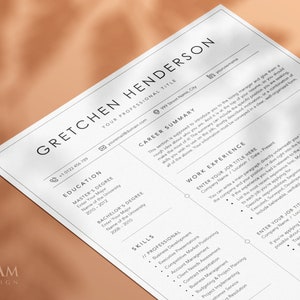 May include: A professional resume template with a clean, modern design. The resume features the name "Gretchen Henderson" at the top, followed by sections for education, skills, career summary, and work experience. The document is white with black text.