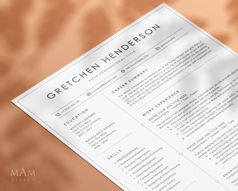 May include: A professional resume template with a clean, modern design. The resume features the name "Gretchen Henderson" at the top, followed by sections for education, skills, career summary, and work experience. The document is white with black text.