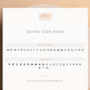 May include: A white sheet of paper with the text "MAM DESIGN" at the top. The text "EXTRA ICON PACK" is centred below the logo. The sheet contains two sections, "SOCIAL MEDIA" and "CONTACT", with a variety of icons representing social media platforms and contact methods.