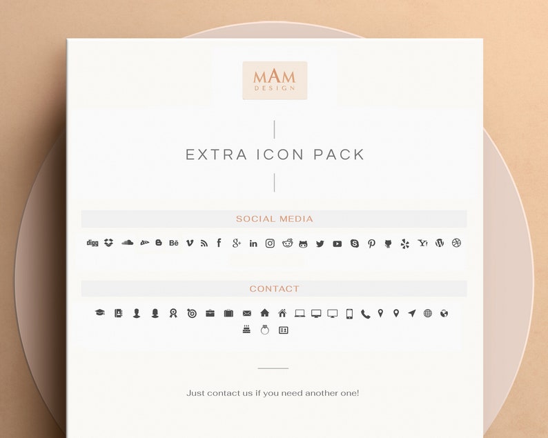 May include: A white sheet of paper with the text "MAM DESIGN" at the top. The text "EXTRA ICON PACK" is centred below the logo. The sheet contains two sections, "SOCIAL MEDIA" and "CONTACT", with a variety of icons representing social media platforms and contact methods.