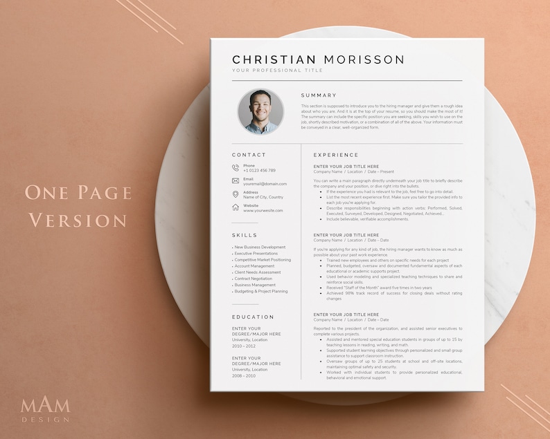 May include: A one-page resume template with a black and white design. The resume includes sections for contact information, skills, experience, education, and a summary. The template is designed to be used by job seekers to create a professional resume.