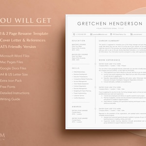 May include: A resume template with the name "Gretchen Henderson" at the top. The resume includes sections for education, skills, career summary, work experience, and awards. The left side lists included items like resume templates, cover letter, and Microsoft Word files.