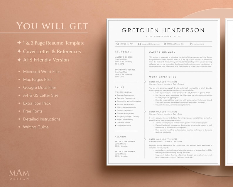 May include: A resume template with the name "Gretchen Henderson" at the top. The resume includes sections for education, skills, career summary, work experience, and awards. The left side lists included items like resume templates, cover letter, and Microsoft Word files.