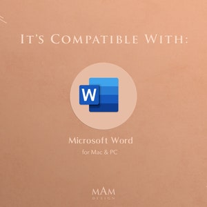 Peut inclure: Compatible avec Microsoft Word pour Mac et PC. L'image montre le logo de Microsoft Word, un "W" bleu dans un carr&eacute; blanc, sur un fond beige.