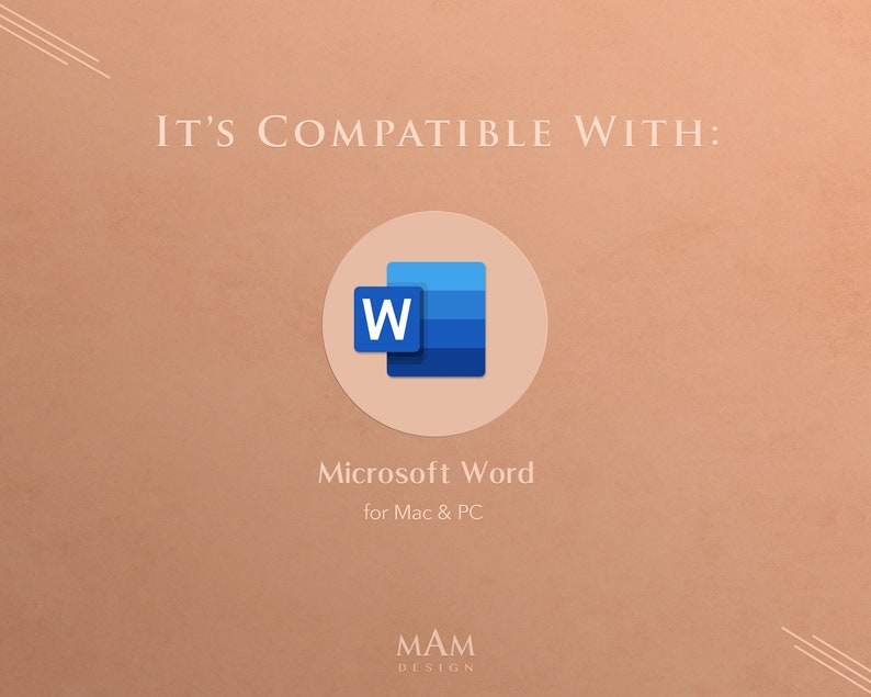 Peut inclure: Compatible avec Microsoft Word pour Mac et PC. L'image montre le logo de Microsoft Word, un "W" bleu dans un carr&eacute; blanc, sur un fond beige.