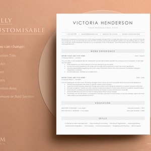 May include: A customizable resume template with a modern design. The template includes sections for work experience, education, and skills. The template is fully customizable, allowing you to change the section titles, colors, fonts, icons, and section areas. You can also remove or add sections as needed.