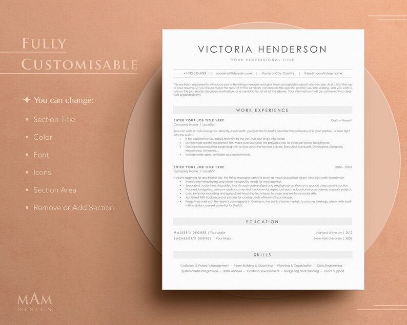 May include: A customizable resume template with a modern design. The template includes sections for work experience, education, and skills. The template is fully customizable, allowing you to change the section titles, colors, fonts, icons, and section areas. You can also remove or add sections as needed.