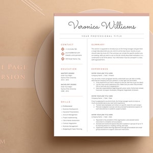 May include: A one-page CV template with a pink and brown colour scheme. The CV is for Veronica Williams and includes sections for contact information, summary, education, experience, and skills.