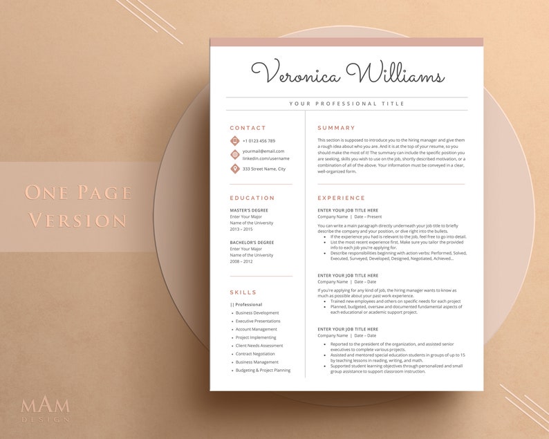 May include: A one-page CV template with a pink and brown colour scheme. The CV is for Veronica Williams and includes sections for contact information, summary, education, experience, and skills.