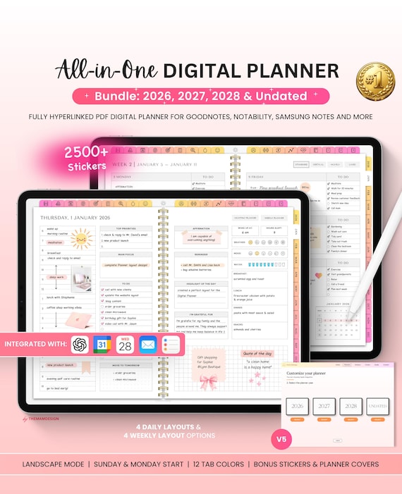 Digital Planner Bundle: 2026 2027 2028 & Undated, All-in-One Digital Planner for iPad and Tablets, Goodnotes Planner, Aesthetic Planner