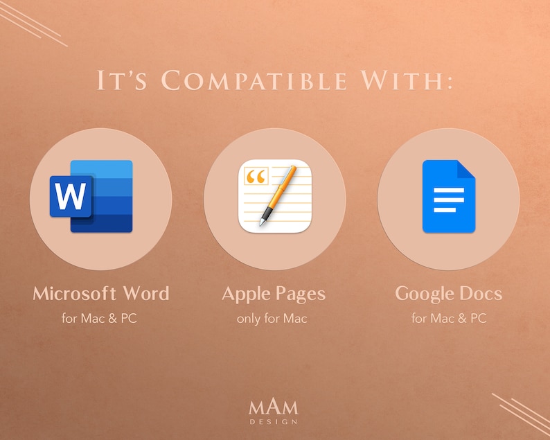 May include: A graphic with the text "IT'S COMPATIBLE WITH:" and icons for Microsoft Word, Apple Pages, and Google Docs. The Microsoft Word icon is blue with a white "W". The Apple Pages icon shows a pen and paper. The Google Docs icon is a blue document.