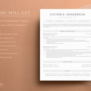 May include: A resume template with a light gray background and black text. The template includes sections for work experience, education, and skills. The text "YOU WILL GET" is in the top left corner of the page. The text "VICTORIA HENDERSON" is in the top right corner of the page. The text "YOUR PROFESSIONAL TITLE" is below the name. The text "WORK EXPERIENCE" is in the middle of the page. The text "EDUCATION" is below the work experience section. The text "SKILLS" is below the education section. The text "MAM DESIGN" is in the bottom left corner of the page.