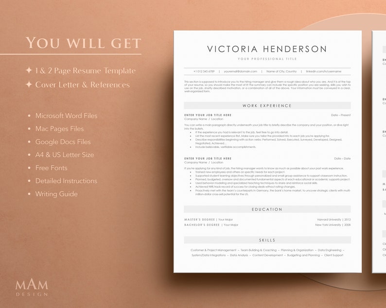 May include: A resume template with a light gray background and black text. The template includes sections for work experience, education, and skills. The text "YOU WILL GET" is in the top left corner of the page. The text "VICTORIA HENDERSON" is in the top right corner of the page. The text "YOUR PROFESSIONAL TITLE" is below the name. The text "WORK EXPERIENCE" is in the middle of the page. The text "EDUCATION" is below the work experience section. The text "SKILLS" is below the education section. The text "MAM DESIGN" is in the bottom left corner of the page.