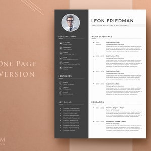 Peut inclure: Un mod&egrave;le de CV noir et blanc avec une photo d'un homme en costume et lunettes. Le CV comprend le nom Leon Friedman, le titre Assistant ex&eacute;cutif et comptable, et des sections pour les informations personnelles, l'exp&eacute;rience professionnelle, les langues, les comp&eacute;tences cl&eacute;s, l'&eacute;ducation et les r&eacute;f&eacute;rences.