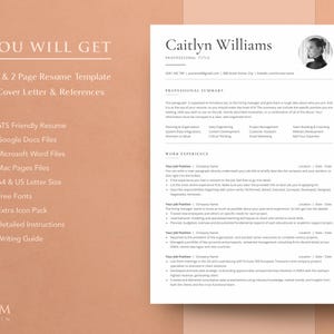 May include: A minimalist resume template with sections for a professional summary, work experience, skills, and education. The template is ATS-friendly and includes Google Docs, Microsoft Word, and Mac Pages files. It also includes free fonts, an extra icon pack, detailed instructions, and a writing guide.