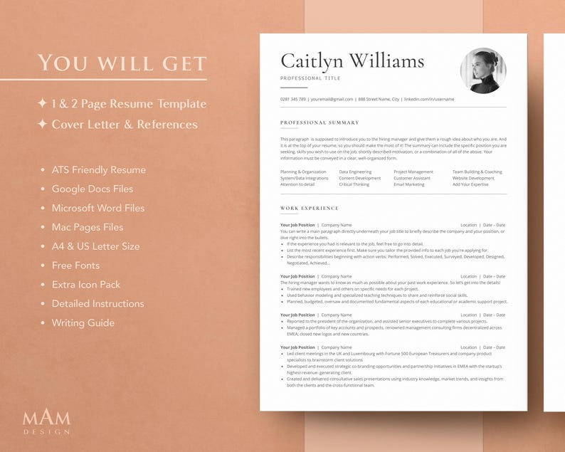 May include: A minimalist resume template with sections for a professional summary, work experience, skills, and education. The template is ATS-friendly and includes Google Docs, Microsoft Word, and Mac Pages files. It also includes free fonts, an extra icon pack, detailed instructions, and a writing guide.