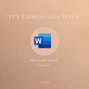 May include: It's compatible with Microsoft Word for Mac & PC. The image shows the Microsoft Word logo, a blue square with a white "W" inside.