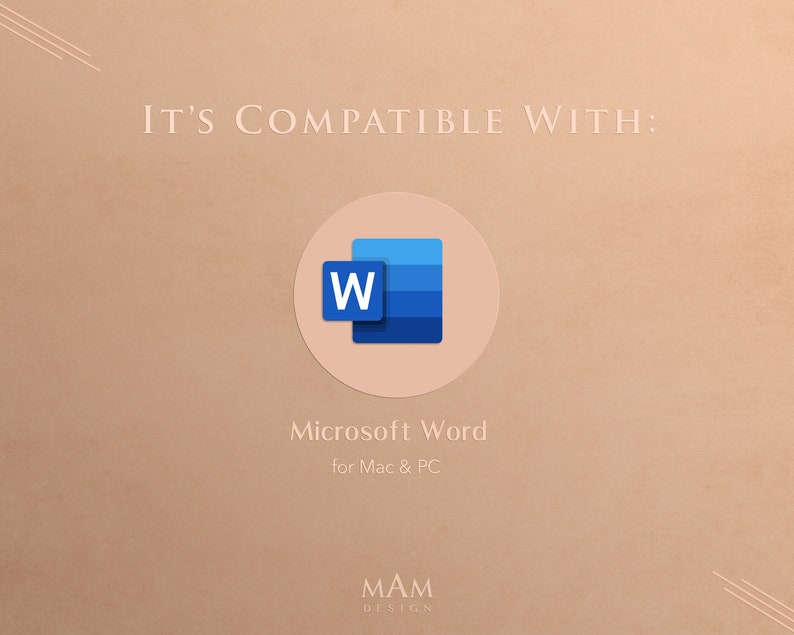May include: It's compatible with Microsoft Word for Mac & PC. The image shows the Microsoft Word logo, a blue square with a white "W" inside.