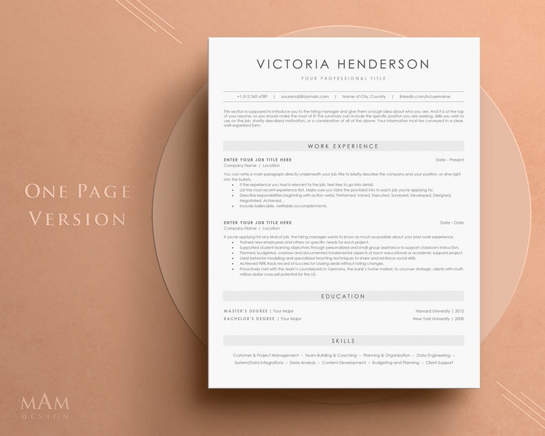 May include: A one-page resume template with a modern design. The resume includes sections for work experience, education, and skills. The template is designed to be easy to read and visually appealing.