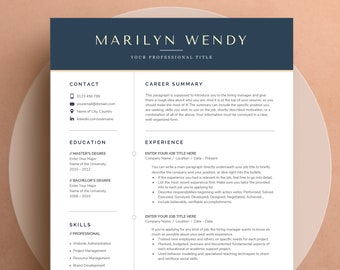 Professional Resume Template with Matching Cover Letter, Modern Resume Template for Word | CV Template, Blue Resume, Resume Template Word