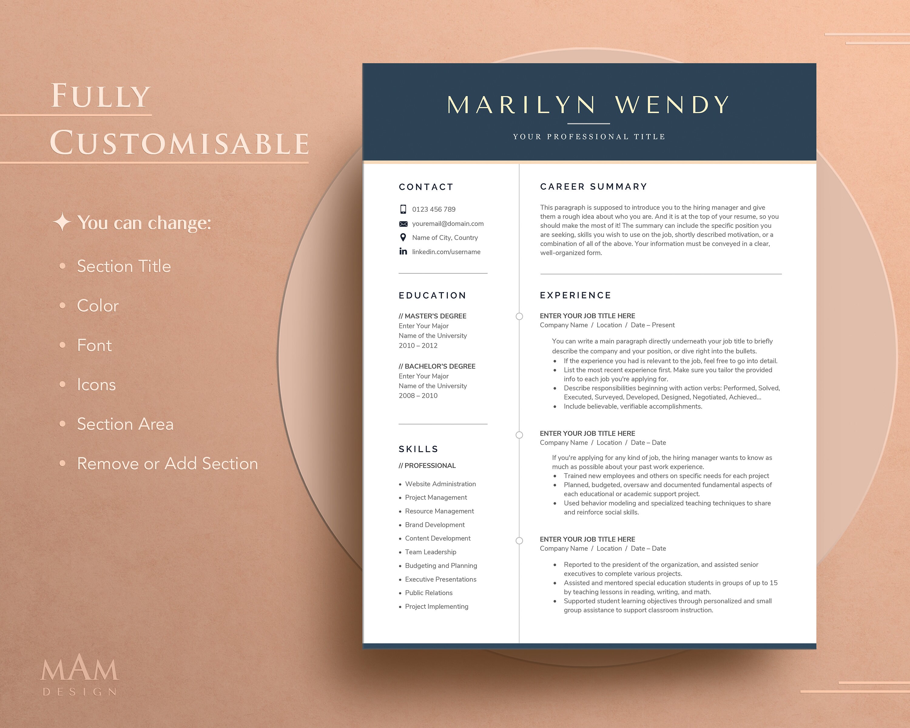 Modern Blue Resume Template, Cover Letter, References (word) - Etsy