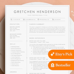 Op de afbeelding: Een professionele cv-sjabloon met de naam "Gretchen Henderson" bovenaan. Het cv bevat secties voor opleiding, vaardigheden, carrière-samenvatting, werkervaring en onderscheidingen. Het ontwerp is strak en modern, met een minimalistische esthetiek. Inclusief "Etsy's Pick" en "Bestseller" badges.
