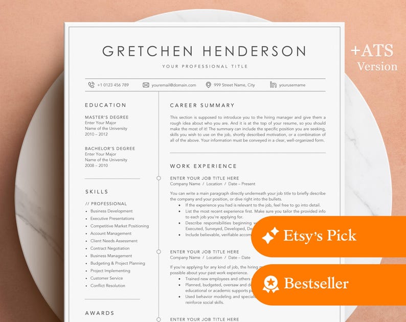 May include: A professional resume template with the name "Gretchen Henderson" at the top. The resume includes sections for education, skills, career summary, work experience, and awards. The design is clean and modern, with a minimalist aesthetic. Includes "Etsy's Pick" and "Bestseller" badges.