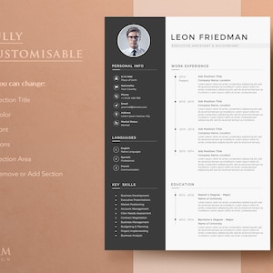 Peut inclure: Un mod&egrave;le de CV noir et blanc avec une photo d'un homme en costume et cravate. Le CV est pour Leon Friedman, Assistant de direction et comptable. Le CV comprend des sections pour les informations personnelles, l'exp&eacute;rience professionnelle, les comp&eacute;tences cl&eacute;s et la formation.