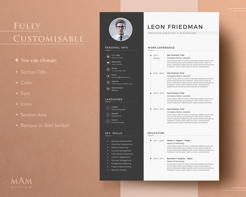 Peut inclure: Un mod&egrave;le de CV noir et blanc avec une photo d'un homme en costume et cravate. Le CV est pour Leon Friedman, Assistant de direction et comptable. Le CV comprend des sections pour les informations personnelles, l'exp&eacute;rience professionnelle, les comp&eacute;tences cl&eacute;s et la formation.