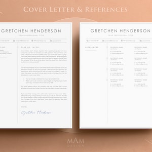 May include: A professional resume template with a cover letter and references page. The cover letter includes the name "Gretchen Henderson" and the text "Dear Mr. Jacob". The references page also includes the name "Gretchen Henderson". The design is minimalist with a light background.