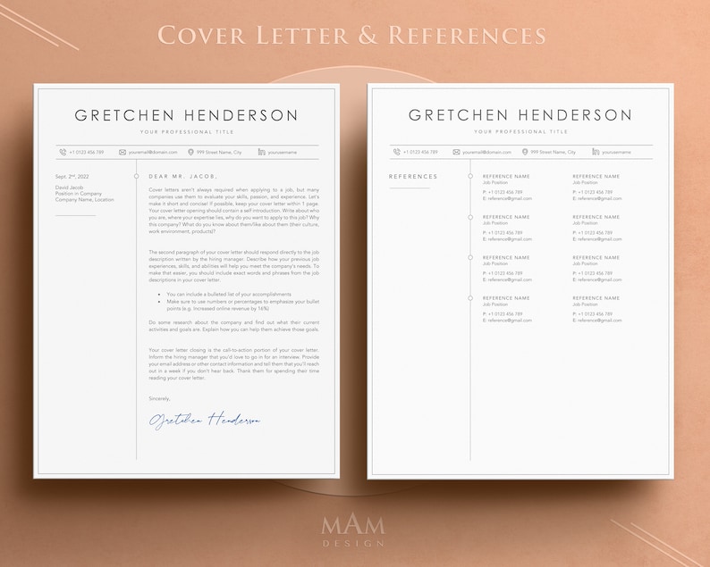 May include: A professional resume template with a cover letter and references page. The cover letter includes the name "Gretchen Henderson" and the text "Dear Mr. Jacob". The references page also includes the name "Gretchen Henderson". The design is minimalist with a light background.