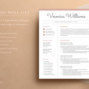 May include: A pink and brown resume template with the title "You Will Get" and a list of features including a cover letter, references, Microsoft Word files, A4 and US letter size, extra icon pack, free fonts, detailed instructions, and a writing guide. The resume template is for Veronica Williams, with a contact section, summary, education, experience, and skills sections.