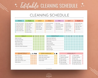 Cleaning Schedule, Chores Checklist, Printable Cleaning Schedule, Fillable PDF, Editable