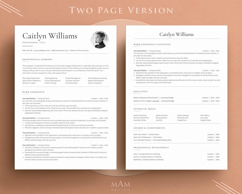 ATS Friendly Resume with Photo | ATS Resume Template Word, Pages, Google Docs | Professional Headshot Resume, Minimalist Resume, CV Template image 3