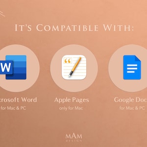 May include: A graphic showing the compatibility of a product with Microsoft Word, Apple Pages, and Google Docs. The icons for each program are shown in a circle with the program name and platform compatibility listed below.