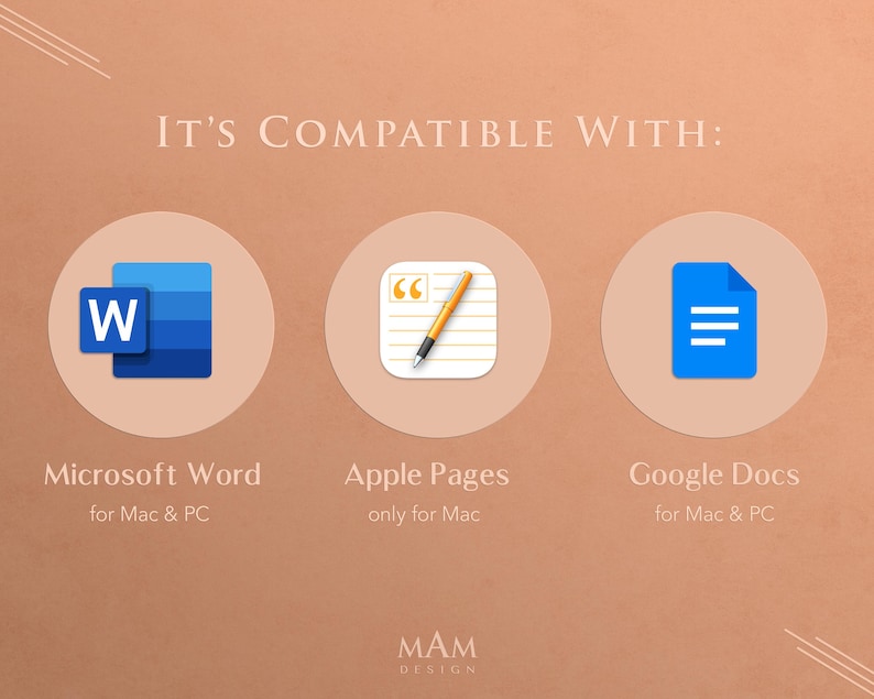 May include: A graphic showing the compatibility of a product with Microsoft Word, Apple Pages, and Google Docs. The icons for each program are shown in a circle with the program name and platform compatibility listed below.