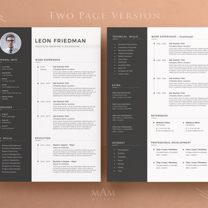 Peut inclure: Un mod&egrave;le de CV sur deux pages avec un sch&eacute;ma de couleurs noir et blanc. Le CV comprend des sections pour les informations personnelles, l'exp&eacute;rience professionnelle, les comp&eacute;tences cl&eacute;s, la formation, les comp&eacute;tences techniques, les &eacute;l&eacute;ments suppl&eacute;mentaires, les r&eacute;f&eacute;rences, les int&eacute;r&ecirc;ts et le d&eacute;veloppement professionnel. Le CV est con&ccedil;u pour &ecirc;tre professionnel et facile &agrave; lire.