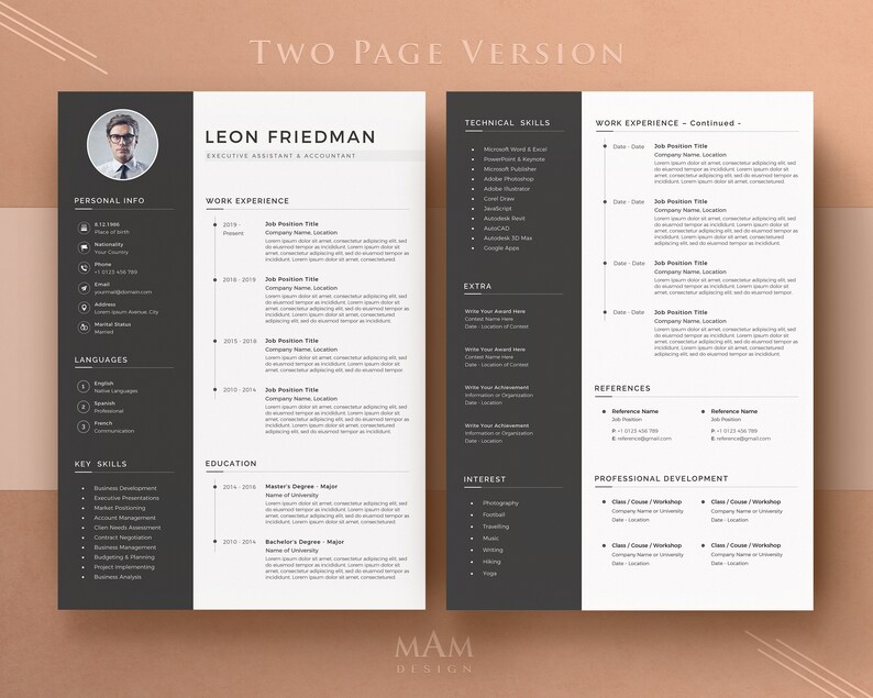 Peut inclure: Un mod&egrave;le de CV sur deux pages avec un sch&eacute;ma de couleurs noir et blanc. Le CV comprend des sections pour les informations personnelles, l'exp&eacute;rience professionnelle, les comp&eacute;tences cl&eacute;s, la formation, les comp&eacute;tences techniques, les &eacute;l&eacute;ments suppl&eacute;mentaires, les r&eacute;f&eacute;rences, les int&eacute;r&ecirc;ts et le d&eacute;veloppement professionnel. Le CV est con&ccedil;u pour &ecirc;tre professionnel et facile &agrave; lire.