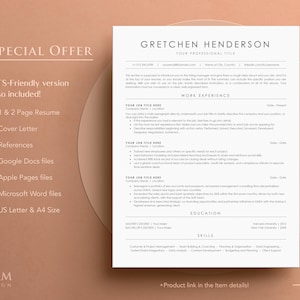 May include: A resume template with the name "Gretchen Henderson" and the title "Your Professional Title" is displayed on a white background. The resume includes sections for work experience, education, and skills. The image also shows a special offer with ATS-friendly versions, including a 1 & 2 page resume, cover letter, and references.