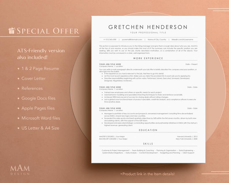 May include: A resume template with the name "Gretchen Henderson" and the title "Your Professional Title" is displayed on a white background. The resume includes sections for work experience, education, and skills. The image also shows a special offer with ATS-friendly versions, including a 1 & 2 page resume, cover letter, and references.